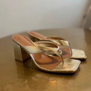 Pretty Little Thing Gold Block Thong Sandal Heel